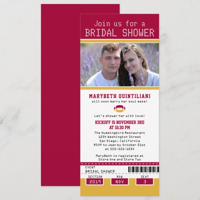 Cranberry Gold Football Ticket Bridal Shower Invitation (Front/Back)