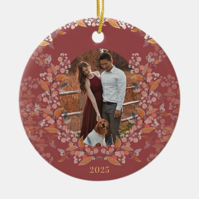 Cranberry Gold Framed Photo Holiday Ceramic Ornament (Front)