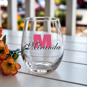 Cranberry Initial and Black Name   Modern  Stemless Wine Glass