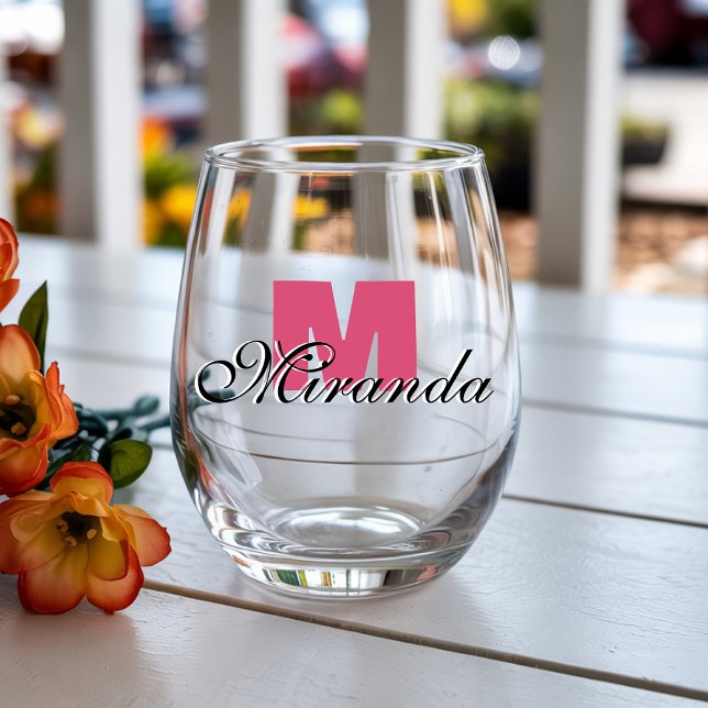 Cranberry Initial and Black Name | Modern  Stemless Wine Glass (Creator Uploaded)