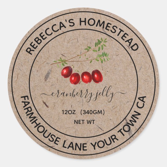 Cranberry Jelly Kraft Paper Canning Jar Labels (Front)