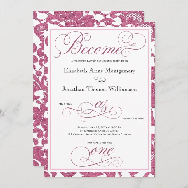Cranberry Lace Become as One Christian Wedding Invitation (Front/Back)