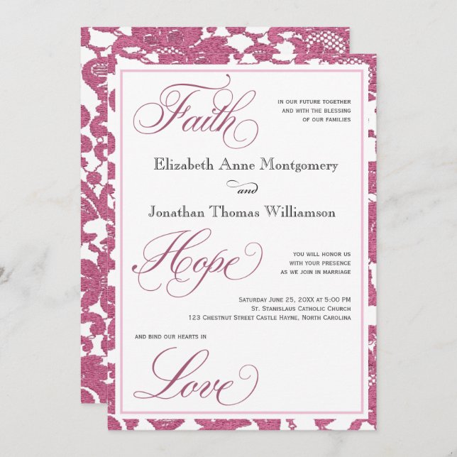 Cranberry Lace Faith Hope Love Wedding Invitation (Front/Back)