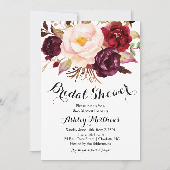 Cranberry Marsala Floral Bridal Shower Invitation (Front)