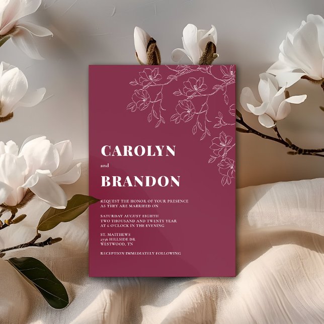 Cranberry Modern Floral Wedding Invitation (Modern Cranberry Floral Wedding Invitation. Change Background to any color. )
