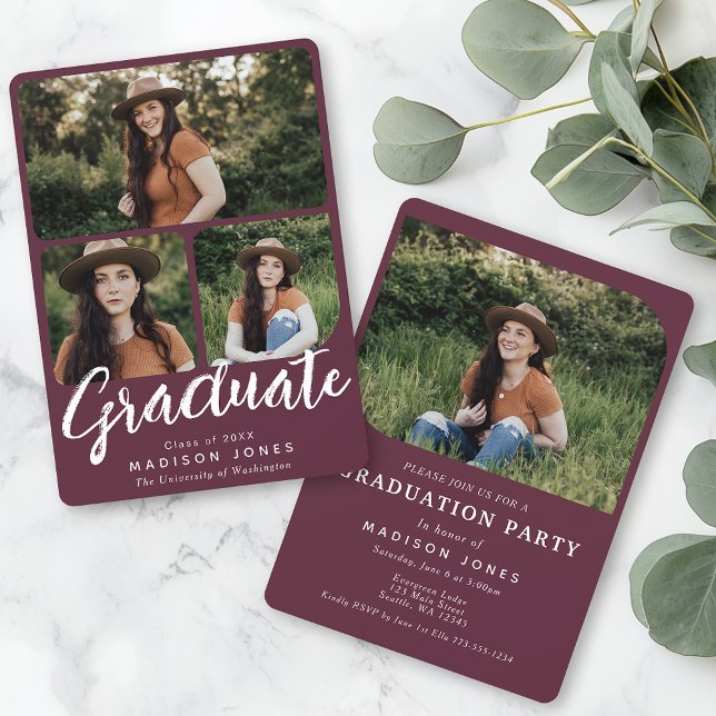 Cranberry Modern Script 4 Photos Graduation Party Invitation (Creator Uploaded)