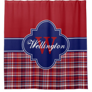 Cranberry Navy Blue Madras Plaid 1ICB Ribbon Name Shower Curtain