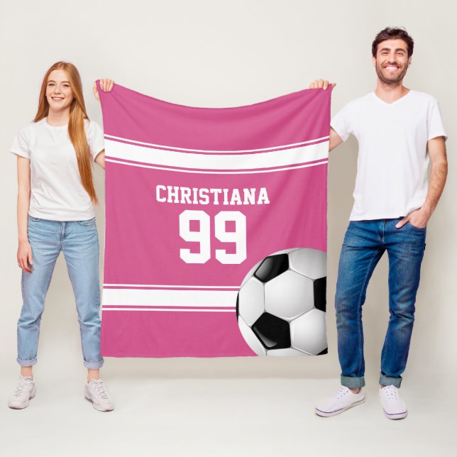 Cranberry pink and White Stripes soccer Fleece Blanket (In Situ)