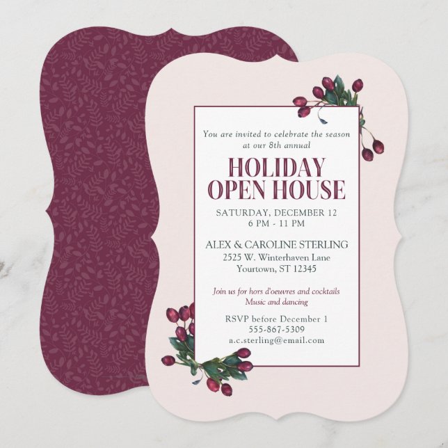 Cranberry Plum Elegant Botanical Holiday Invitation (Front/Back)