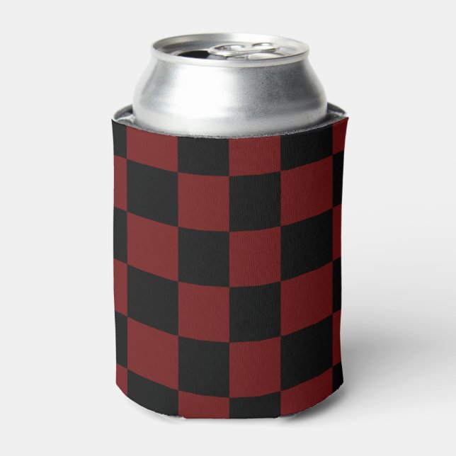 Cranberry Red and Black Chequerboard Pattern Can Cooler (Can Front)