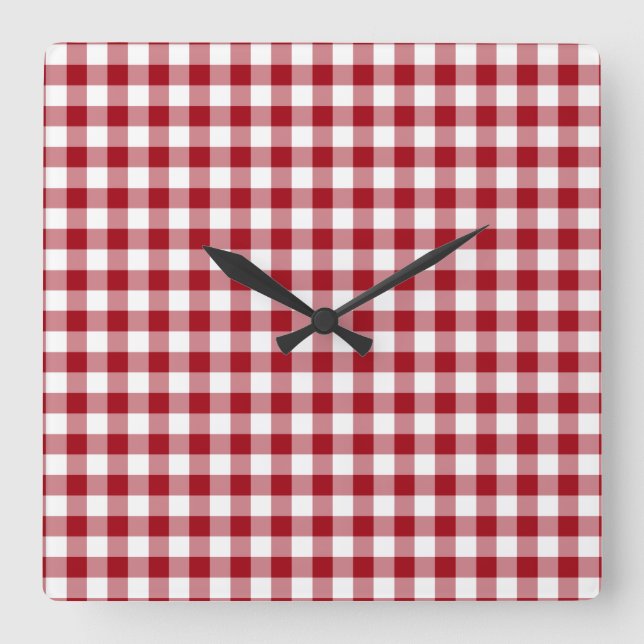Cranberry Red And White Checked Gingham Pattern Square Wall Clock (Front)