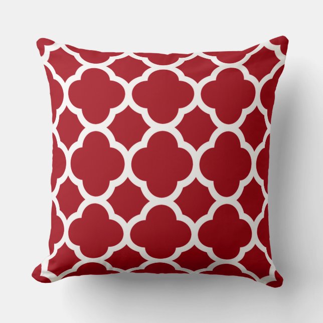 Cranberry Red and White Quatrefoil Pattern Cushion (Front)