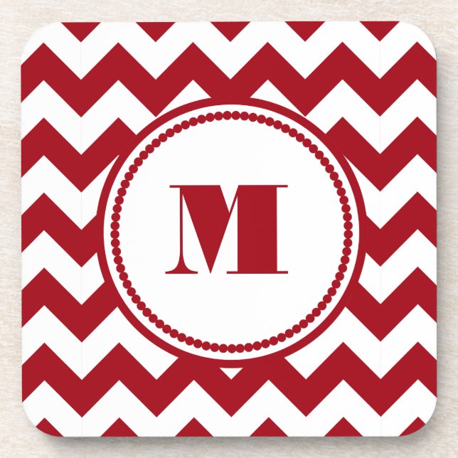 Cranberry Red and White zigzag Chevron Monogram Coaster (Front)