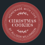 Cranberry Red Christmas Cookie Label<br><div class="desc">The cranberry red Christmas cookie label features a warm cranberry red backdrop, rustic distressed lettering, and simple botanical accents for a cozy handmade feel. Perfect for labeling Christmas cookies, festive treats, and holiday baked-with-love gifts, this friendly design brings a warm, homemade touch to your seasonal packaging. Ideal for cookie swaps,...</div>