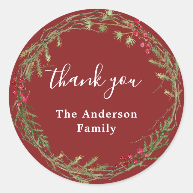 Cranberry Red Christmas Wreath Thank You Classic Round Sticker (Front)