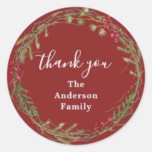 Cranberry Red Christmas Wreath Thank You Classic Round Sticker