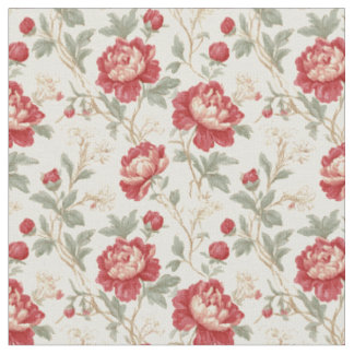 Cranberry Red & Cream Vintage Floral Chintz Fabric