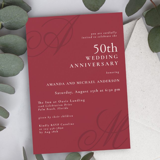 Cranberry Red Elegant Monogram 50th Anniversary Invitation (Creator Uploaded)
