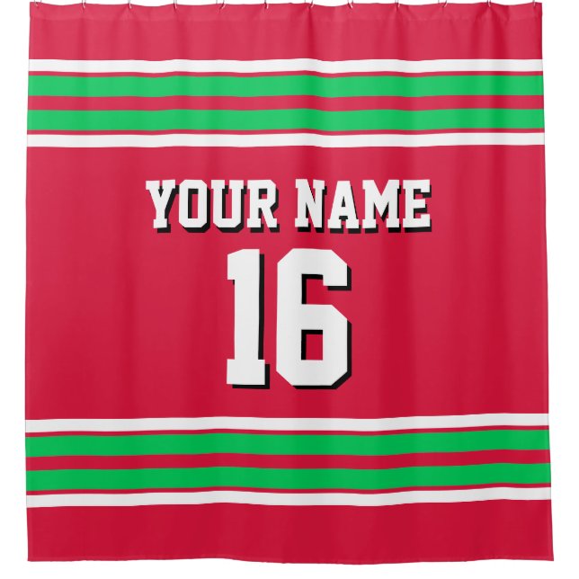 Cranberry Red Emerald Green Stripes Sports Jersey Shower Curtain (Front)