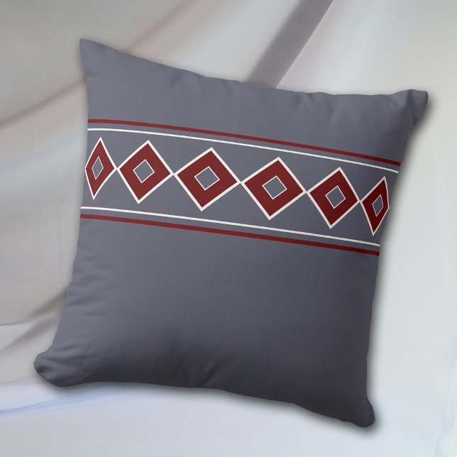Cranberry Red Geometric Diamond Border Grey Cushion (Creator Uploaded)