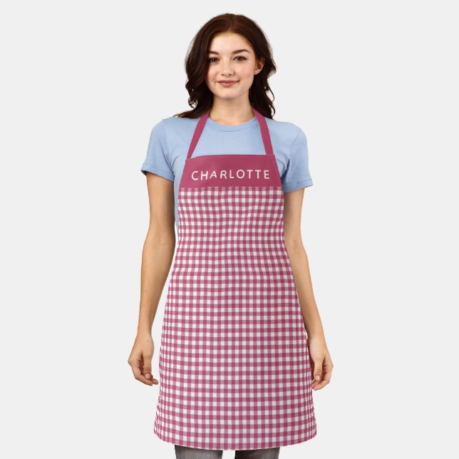 Cranberry Red Gingham Personalised Name Christmas Apron (Worn)