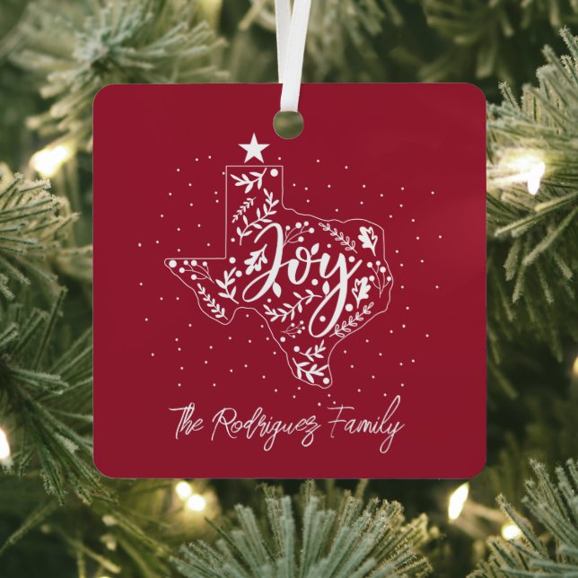 Cranberry Red Joy Holiday Leaves Texas Shape Metal Tree Decoration (Insitu)