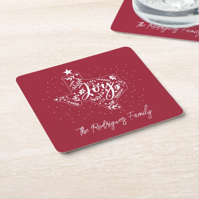Cranberry Red Joy Holiday Leaves Texas Shape Square Paper Coaster (Angled)