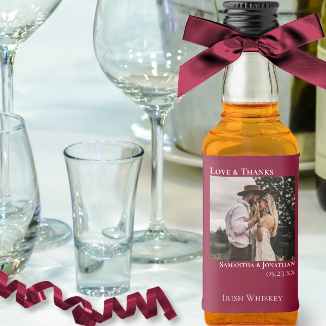 Cranberry Red Love & Thanks Wedding Photo Mini Liquor Bottle Label (In Situ with Bow)