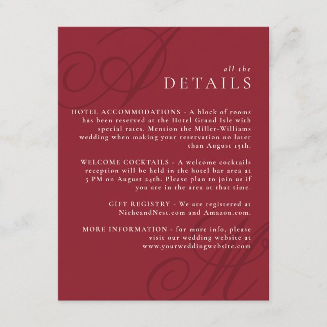 Cranberry Red Modern Edge Elegant Monogram Details Enclosure Card (Front)