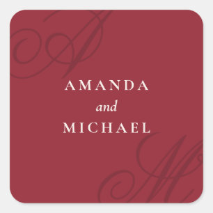 Cranberry Red Modern Edge Elegant Monogram Wedding Square Sticker
