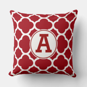 Cranberry Red Quatrefoil Pattern Monogram Cushion