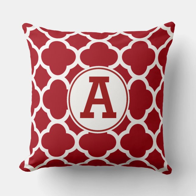 Cranberry Red Quatrefoil Pattern Monogram Cushion (Front)
