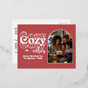Cranberry Red & Silver Cosy Vibes Retro Christmas Foil Holiday Postcard