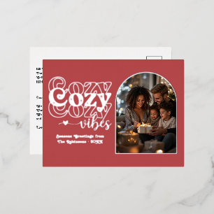 Cranberry Red & Silver Cozy Vibes Retro Christmas Foil Holiday Postcard