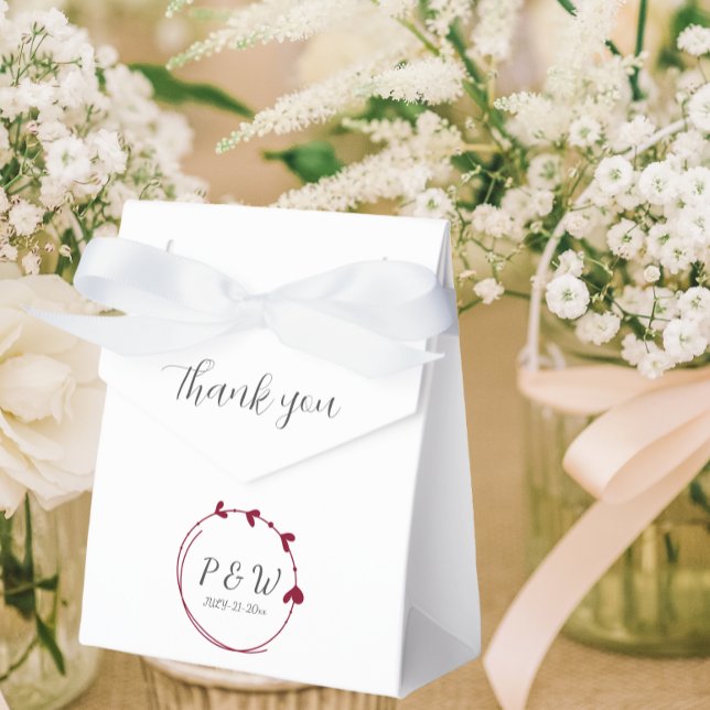 Cranberry Red Simple Heart Wreath Monogram Wedding Favour Box (In Situ Wedding)