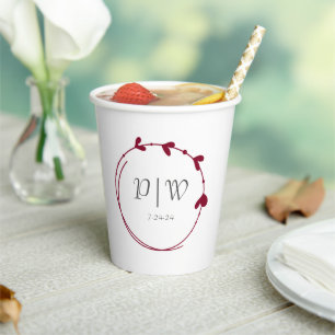 Cranberry Red Simple Heart Wreath Monogram Wedding Paper Cups