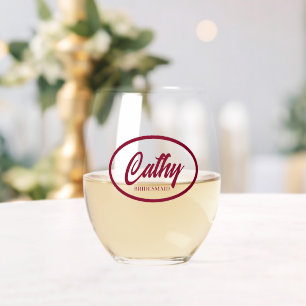 Cranberry Red Stylised Name Wedding Bridesmaid Stemless Wine Glass
