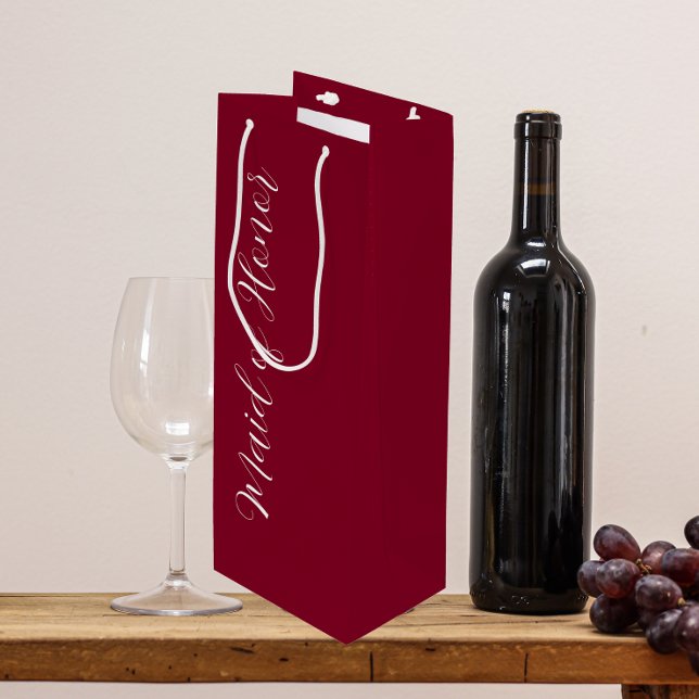 Cranberry Red Stylised Script Maid of Honour Wine Gift Bag (In Situ)