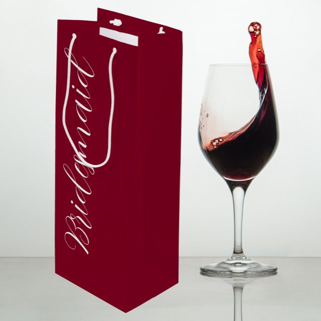 Cranberry Red Stylised Script Wedding Bridesmaid Wine Gift Bag (In Situ)