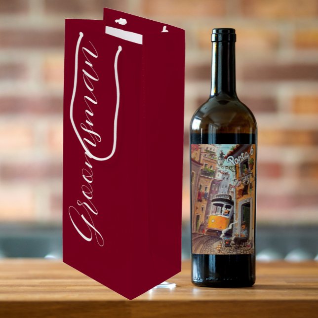 Cranberry Red Stylised Script Wedding Groomsman Wine Gift Bag (In Situ)