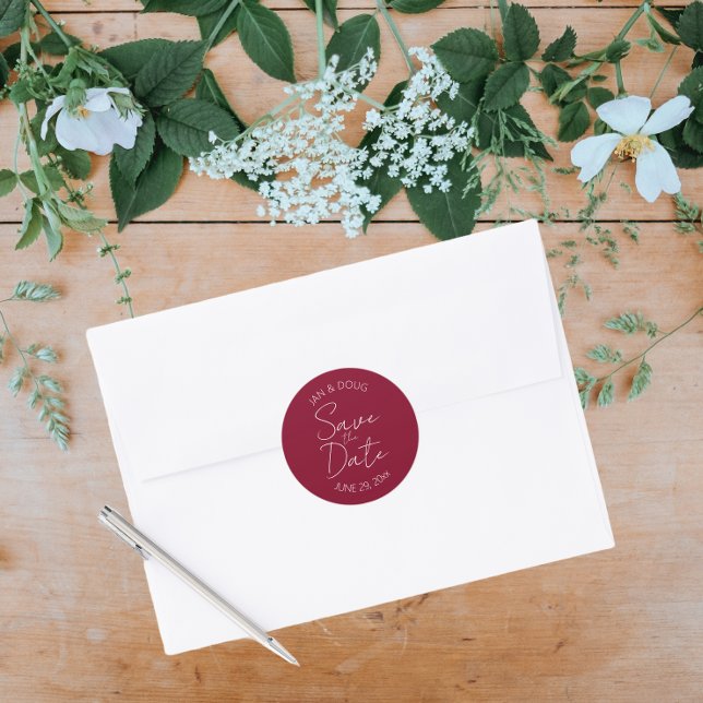 Cranberry Red Stylised Wedding Save the Date Classic Round Sticker (In Situ Wedding)