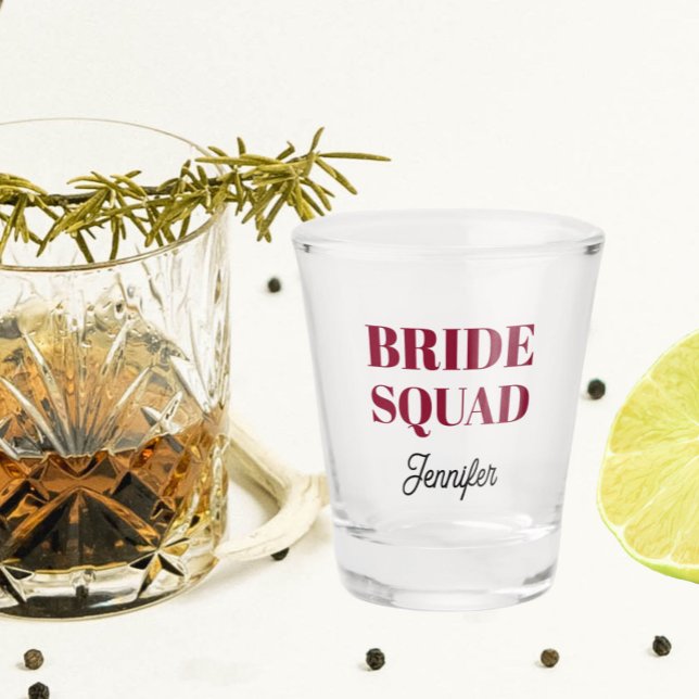 Cranberry Red Wedding Bride Squad Personalized Shot Glass (In Situ)