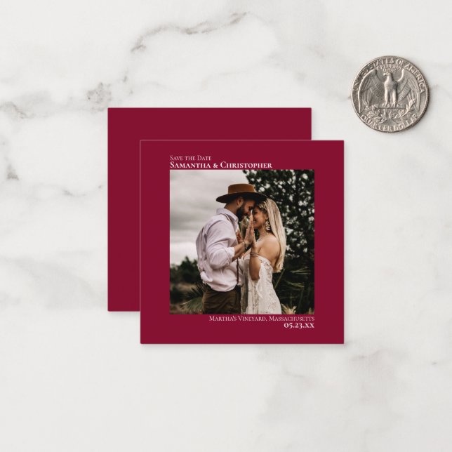 Cranberry Red Wedding Save the Date Photo Mini Card (Front/Back In Situ)