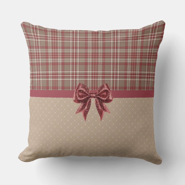 Cranberry Red, White and Tan Plaid Cushion (Front)