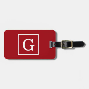 Cranberry Red White Framed Initial Monogram Luggage Tag