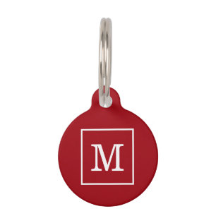 Cranberry Red White Framed Initial Monogram Pet Tag
