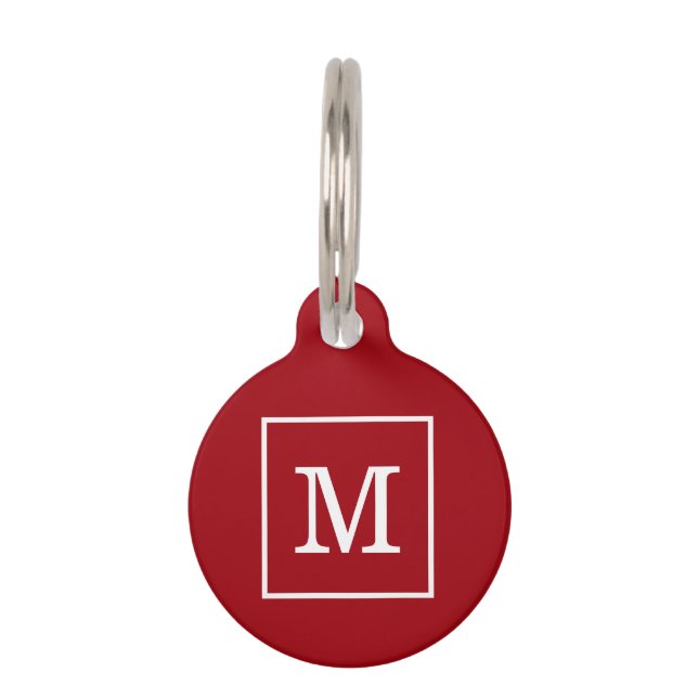 Cranberry Red White Framed Initial Monogram Pet Tag (Front)