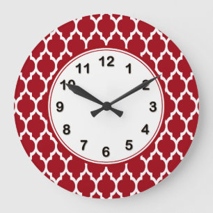 Cranberry Red White Moroccan Quatrefoil Pattern #4 Large Clock