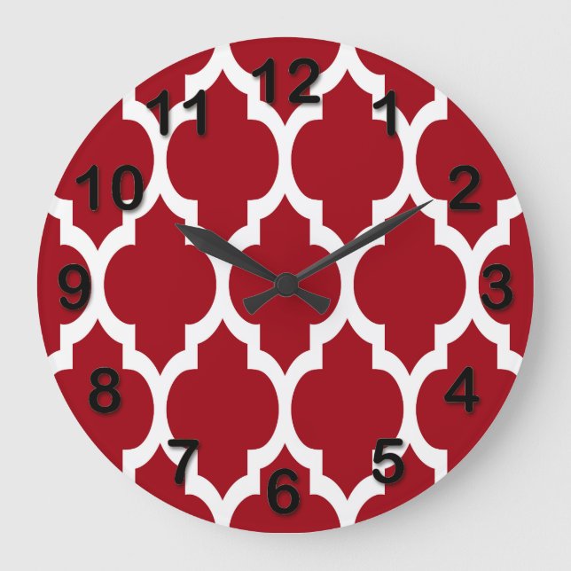 Cranberry Red White Moroccan Quatrefoil Pattern #4 Large Clock (Front)