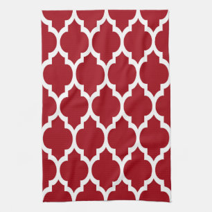 Cranberry Red White Moroccan Quatrefoil Pattern #4 Tea Towel